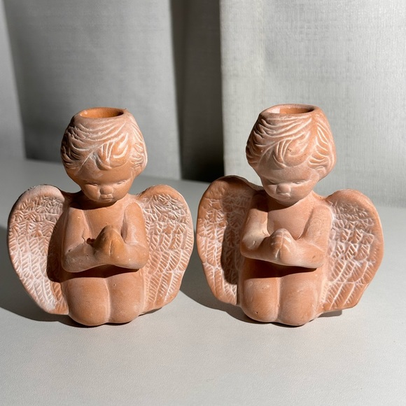 Vintage Nobel Hall Terracotta Kneeling Cherub with Candles Set of 2 - Picture 3 of 8